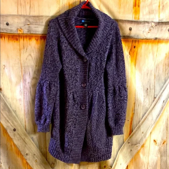 Relativity Wool Blend Soft Stretchy Warm Cozy Purple Long Button-Up Cardigan - Picture 2 of 4